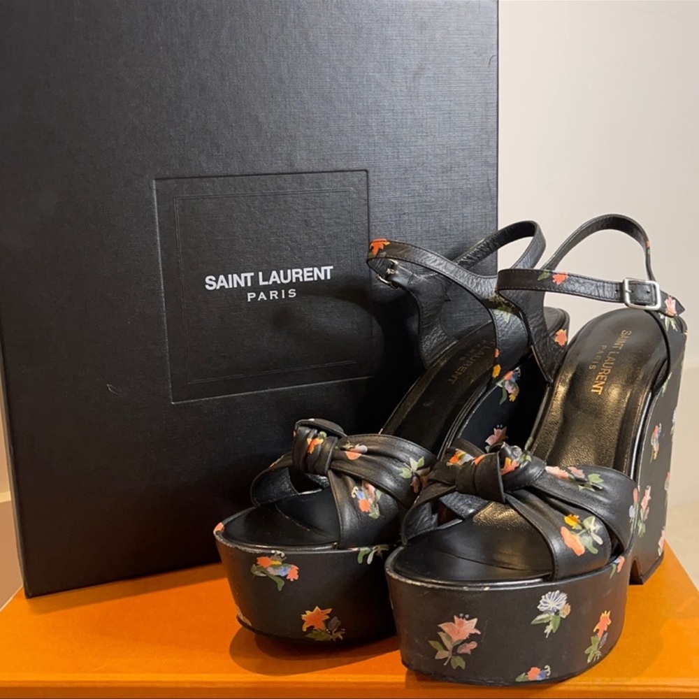 SAINT LAURENT Floral Leather Wedges Black